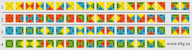 order of seventy quadrilateral pieces and four-digit combinations of square dominoes